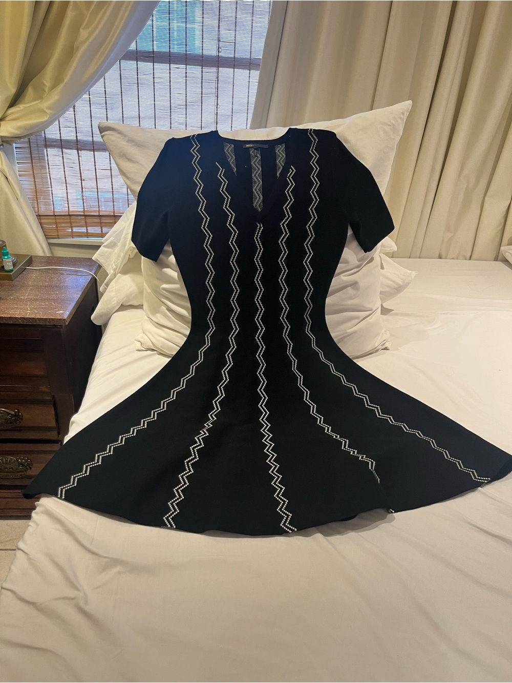 Maje Black Fit-and-Flare Dress with White Zigzag Detailing
